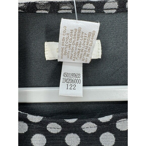 Chicos Polka Dot Lined Raye Top Size 1 (M/8) Black Mesh Sleeves Ruched Sides NEW - Picture 6 of 10